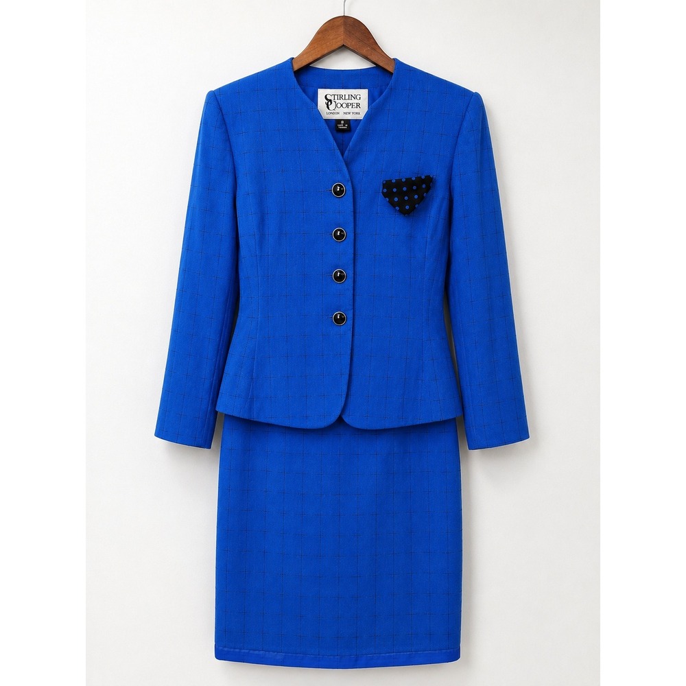 Stirling Cooper Vintage 90s Royal Blue Grid Skirt Suit Set‎ Women Size 8 Rayon